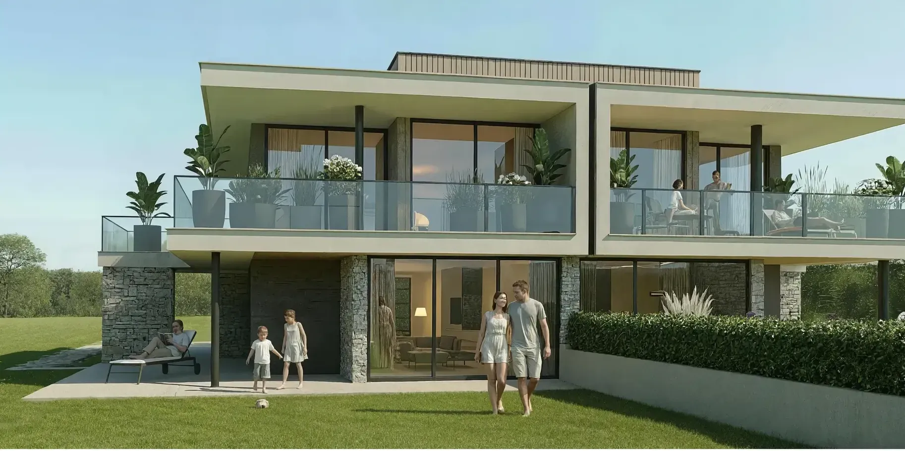 Render di una villa bifamiliare con terrazze vetrate del complesso ex Tuculca a Viterbo.