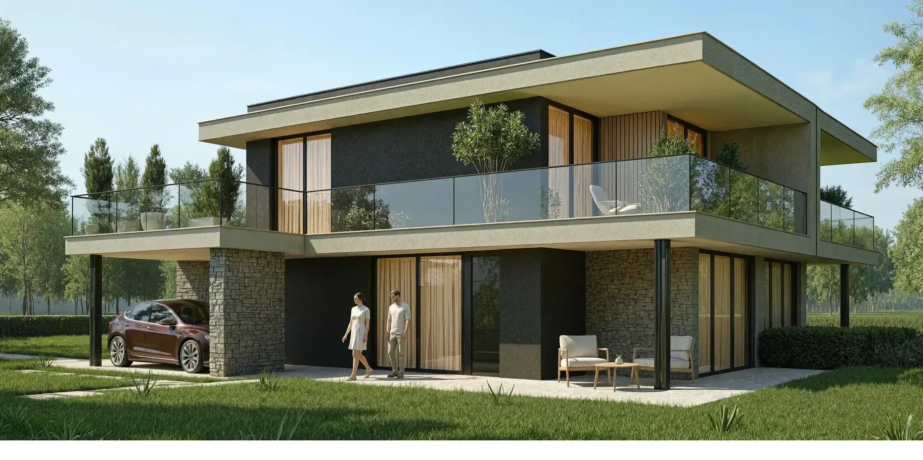 Render del complesso residenziale ex Tuculca: villa con portico, pietra a vista e grandi vetrate.